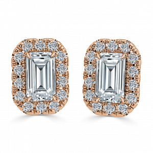 single halo emerald cut diamond earrings